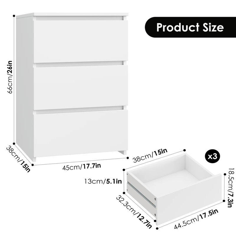 Ensemble de chambre à coucher 3 pièces avec rangement et port de charge Landenn, Double, Blanc