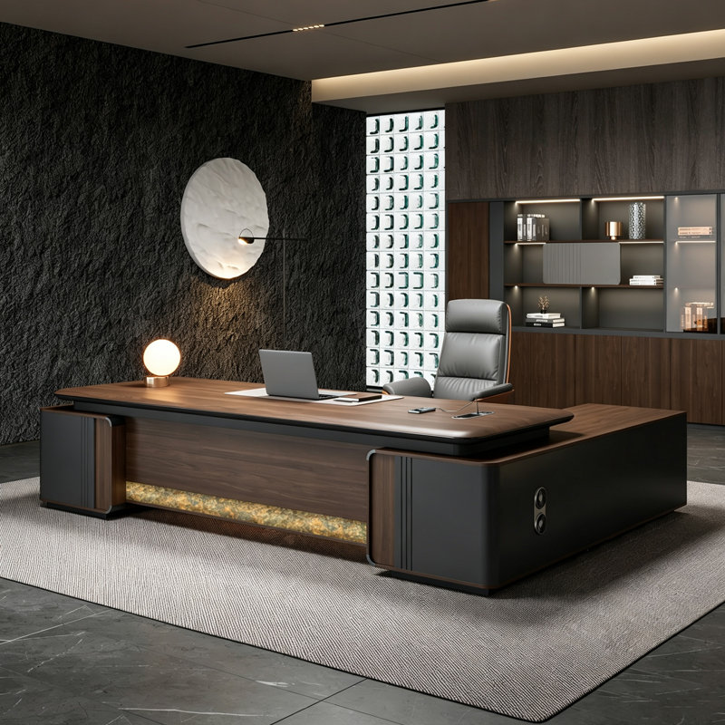 Bureau de direction moderne et luxueux de 180 cm (70,87 po) avec plateau en panneaux de particules, armoire latérale et chargeur sans fil