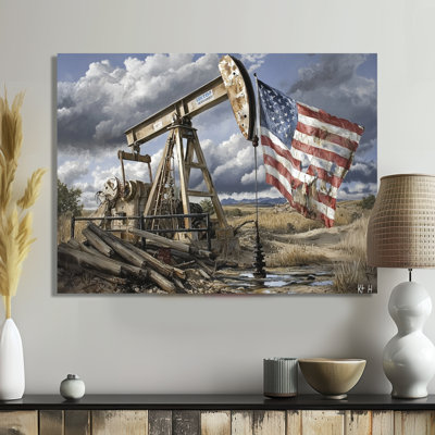 American Flag And Oil Rig In American - Architecture Metal Art, Oil Rigs / Fields Metal Print