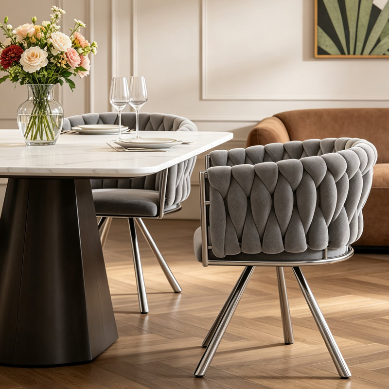Set of 2 Woven Velvet Dining Armchairs, Upholstered Side Chairs with Braided Backrest, Chrome Electroplated Metal Legs, Grey