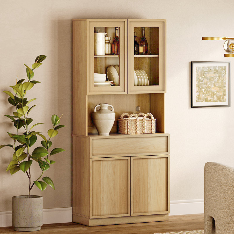 Buffet de 31,5 po de largeur avec portes en verre, tiroirs et tablettes réglables, armoire de rangement en verre de 72 po de hauteur pour la cuisine de la salle à manger