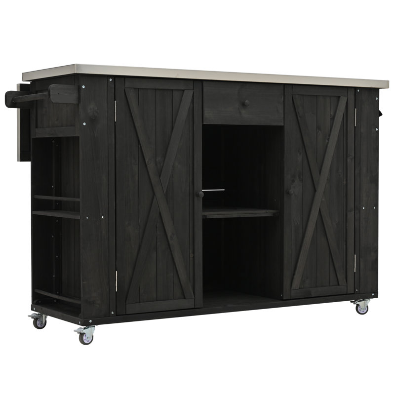  Îlot de cuisine extérieur en bois de sapin avec ouvre-serviettes en acier inoxydable et porte-épices, noir