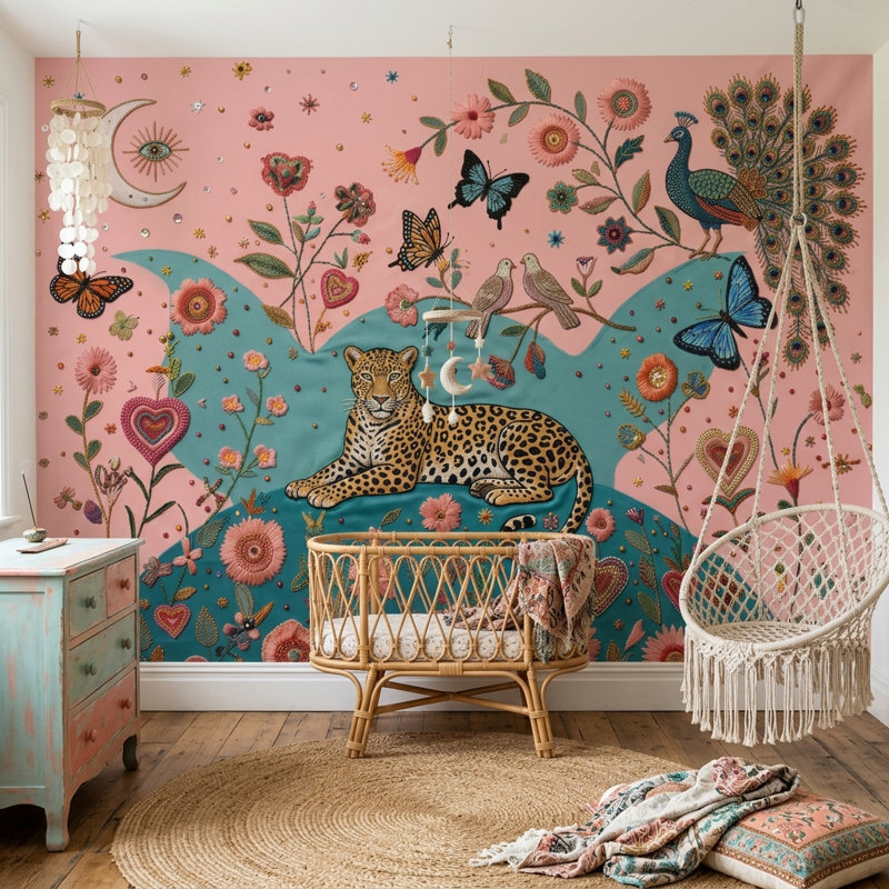 Adhésif mural fantaisiste rose, 140 po x 108 po, Peler et coller