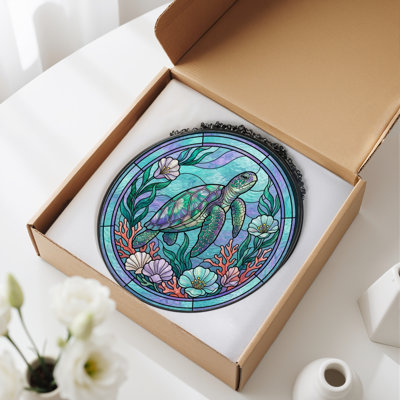 Sea Turtle Stained Glass Window Panel，7.8H