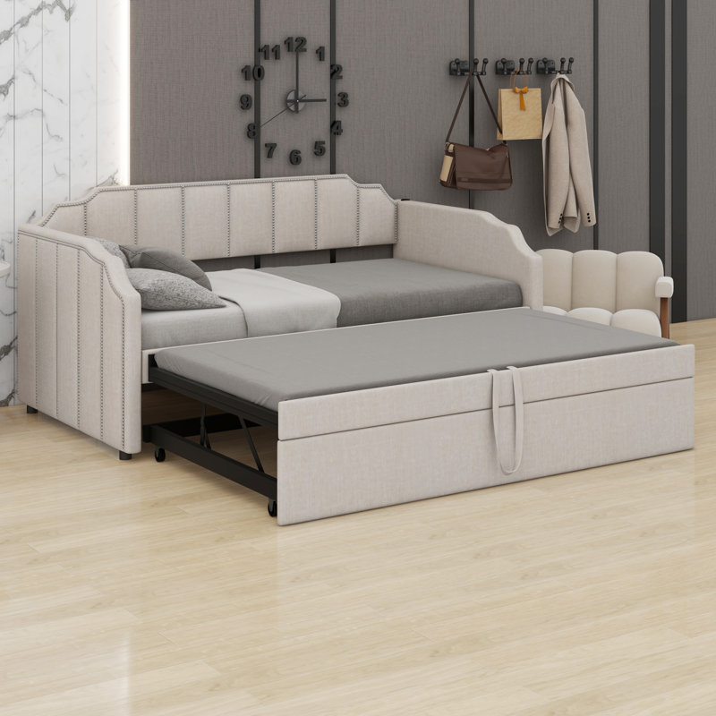 Upholstered Daybed with Pop-Up Trundle for Guest Room & USB Charging Ports, Beige