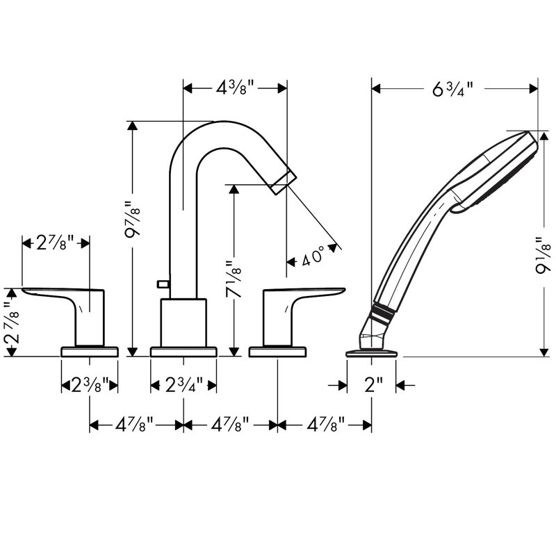 Logis Double Handle Deck Mounted Roman Tub Faucet Trim with Diverter and Handshower, Chrome