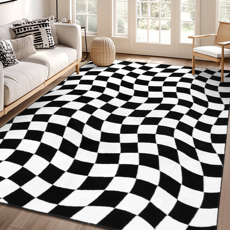 Tapis à carreaux lavable antidérapant Modern, Rectangle 6 pi x 9 pi, Noir / blanc