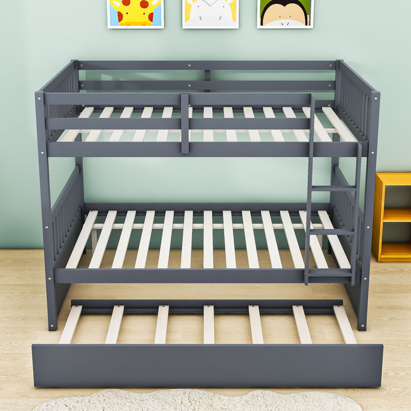 Full Over Full Bunk Bed With Built-In Ladder, Guardrails And Twin Trundle, Dark Gray