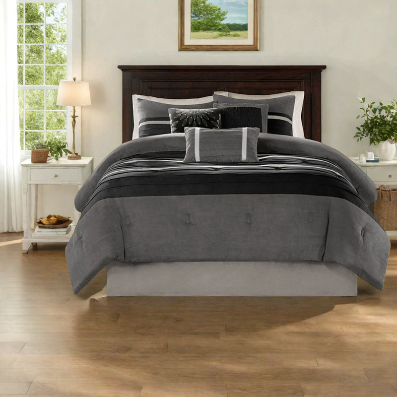 Luxurious 7-piece Faux Suede Bedding Set, Black Cal King, Transitional Style