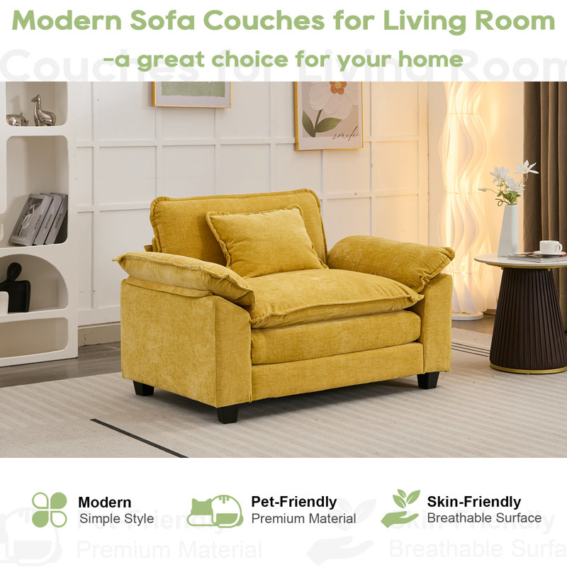 53" Comfy Cloud Couch Deep Seat Sofa Chair With Throw Pillow For Living Room Bedroom, Yellow Chenille