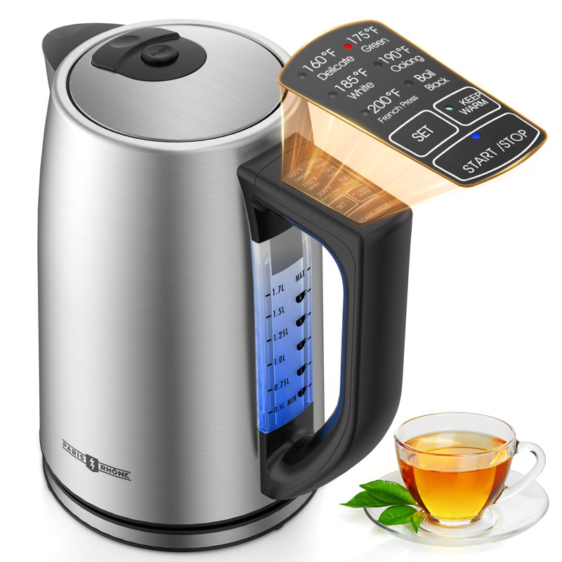 Bouilloire électrique à contrôle de température, 6 préréglages précis, chaudière à eau chaude en acier inoxydable de 1,7 L de qualité alimentaire, ébullition rapide de 1 500 W avec thermostat Strix pour thé vert, oolong et café