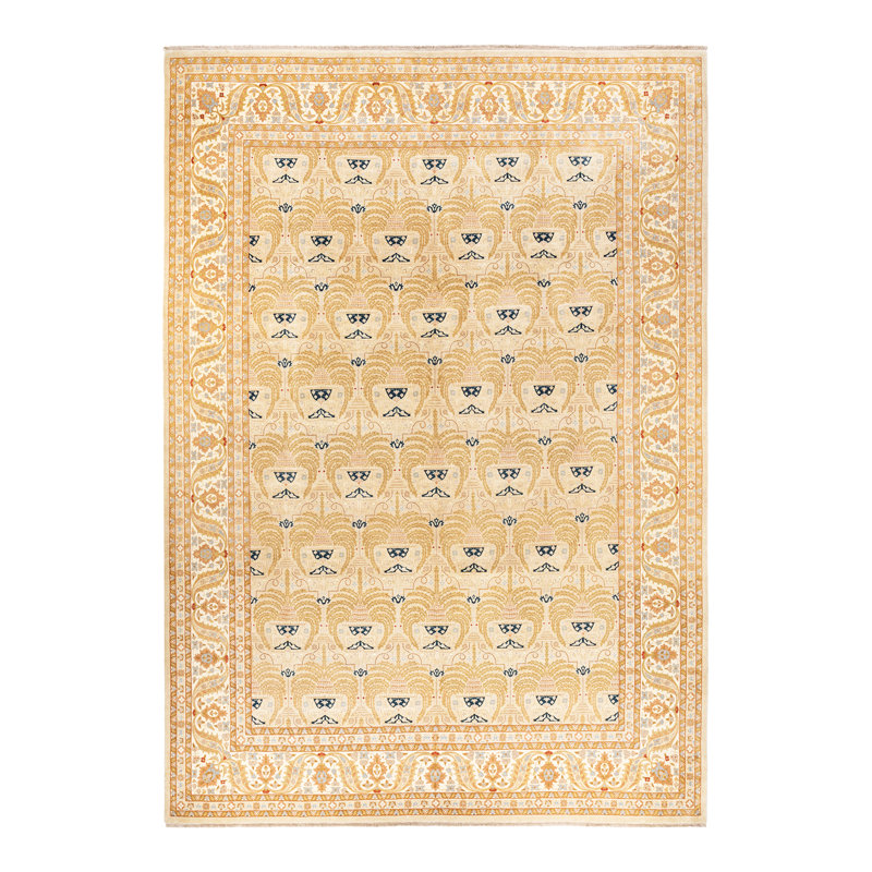 Tapis unique noué à la main ivoire Lenna de 10 pi 2 po x 14 pi 5 po Lenna