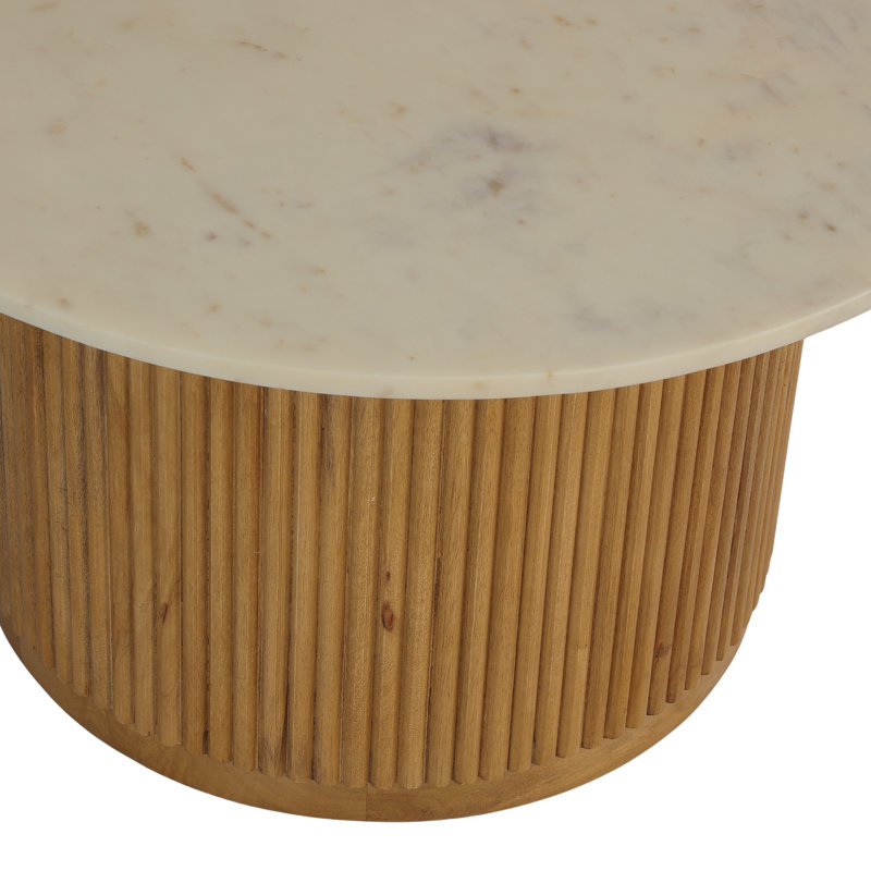 Table basse à plateau en marbre Elena avec base cannelée en bois massif, Blanc/naturel
