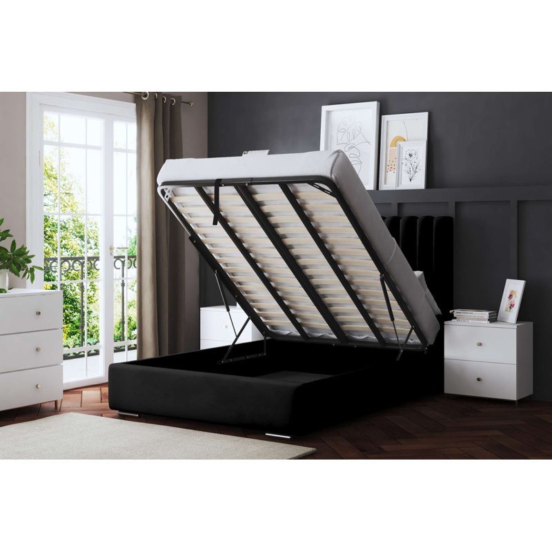  Panel Ottoman Bed with Headboard, Kingsize (5'), Black