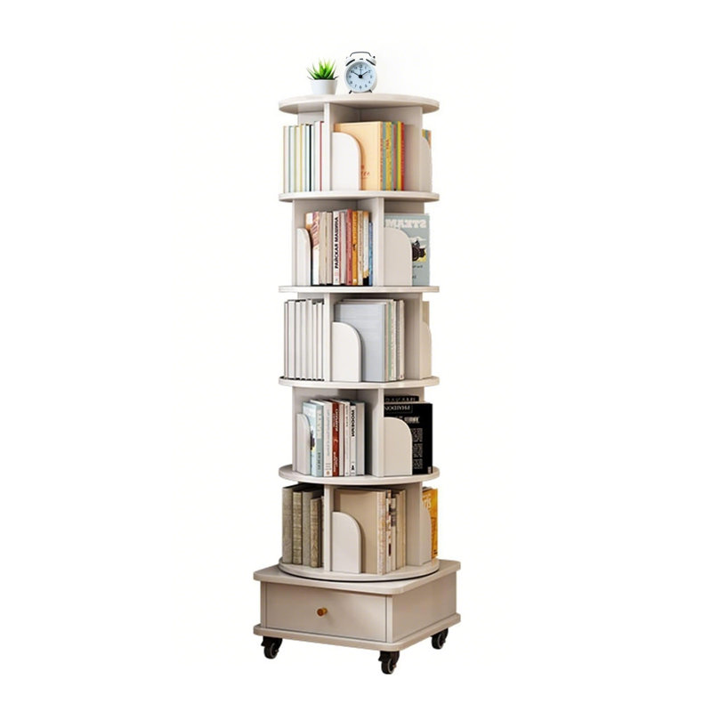 6 Tier Rotating Bookshelf, 360° Display Round Spinning Bookshelf with Wheels and Drawer, Space-Saving, Small Space Rotating Bookshelf Tower for Bedroom, Living Room, Home, Office