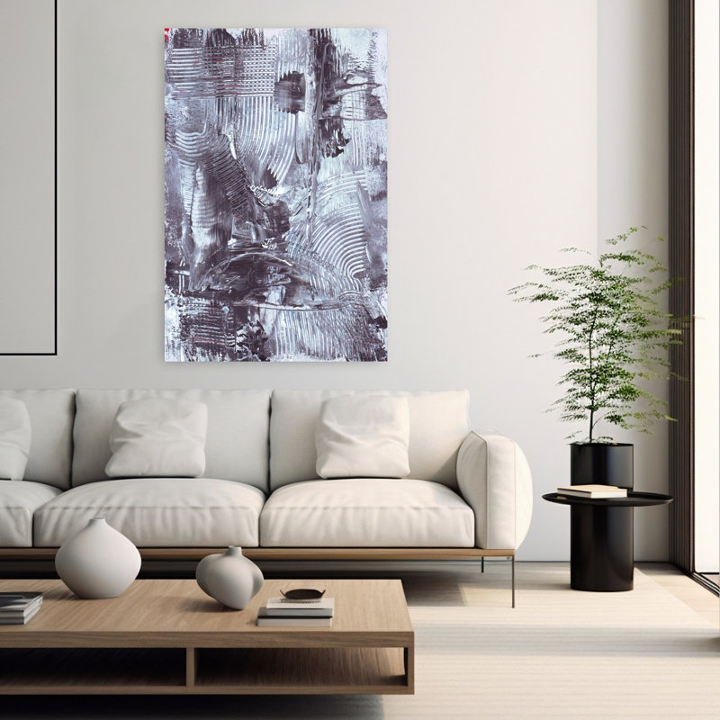 Peinture abstraite texturée avec art mural contemporain abstrait argent métallique et acrylique noir, H 60 po x l 40 po