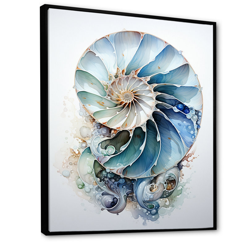 Nautilus Ocean Blue Sheels Symetry - Nautilus, art mural, Reproduction avec cadre flottant, H 20 po x l 12 po, Noir