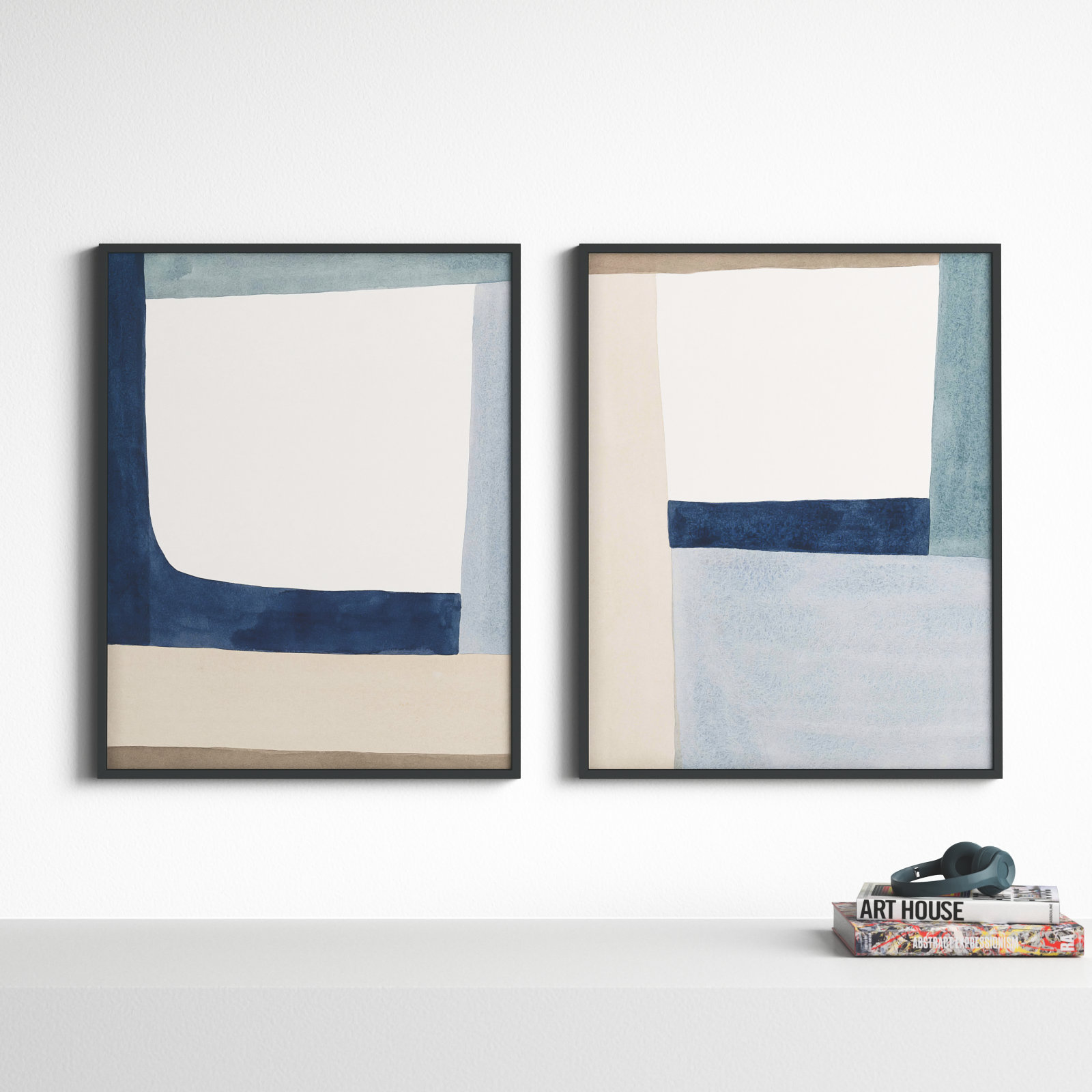 Composition in Blue 2-Piece Print Set, Picture Framed Canvas, 38" H x 60" W, Black
