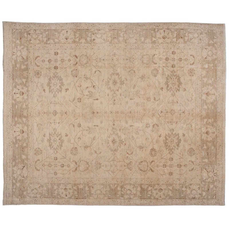 Tapis unique en laine noué à la main beige / vert clair de 8 pi x 9 pi 9 po