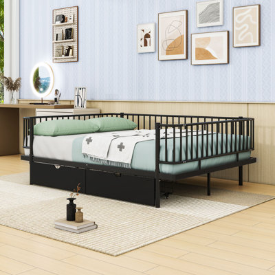 Modern Metal Platform Bed with Built-In Storage Drawers and Guardrails