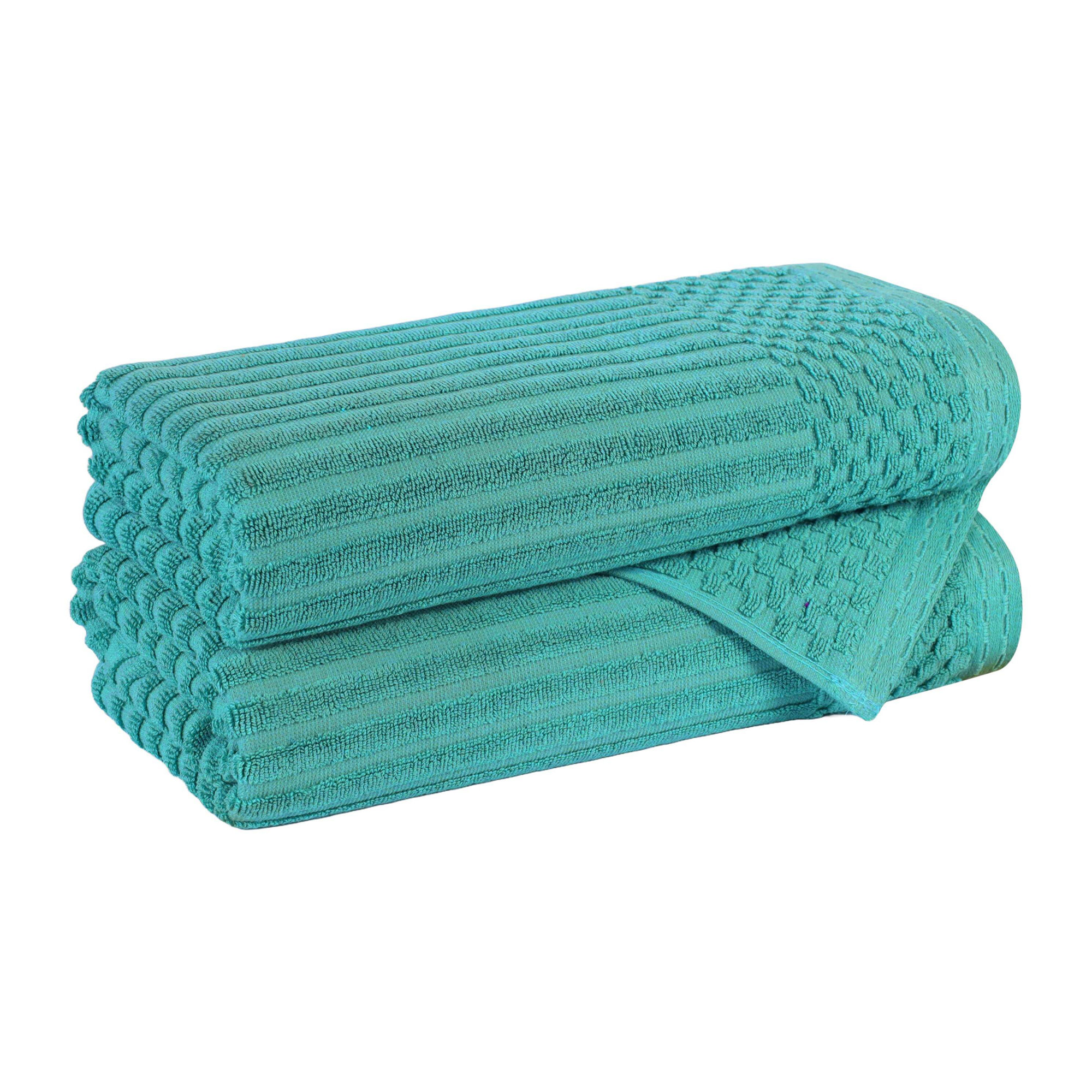 Ruvins Cotton Highly Absorbent Solid and Checkered Border Bath Towel Set, Turquoise