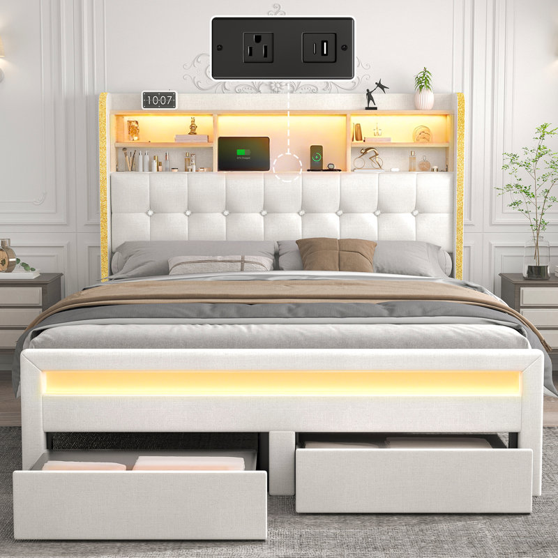 Bed Frame with Bookcase Storage Headboard and 2 Drawers Upholstered Tufted Wingback Beds, Cream, Full