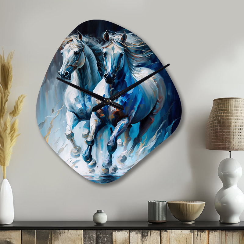 Deux chevaux qui courent II - Horloge murale asymétrique en métal cheval, Grand