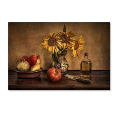 Wrapped Canvas Wall Art - Juan Luis Seco 'Girasoles En La Cocina' Wall Art for Living Room, Bedroom, or Office Décor - 22x32