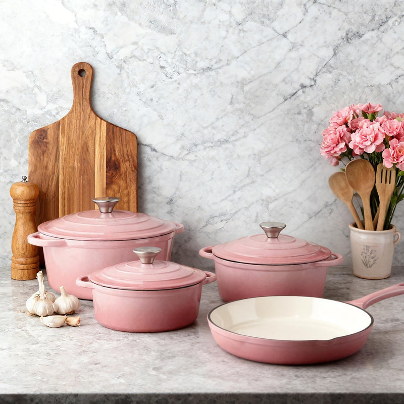 Batterie de cuisine en fonte émaillée 7 pièces 7 pièces, Rose