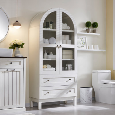  Armoire de rangement de 71 po de hauteur pour salle de bain arquée moderne, armoires de rangement en bois de ferme avec 2 grands tiroirs et tablettes réglables