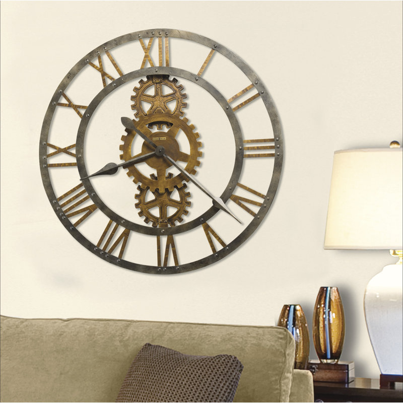 Crosby Modern & Contemporary Oversized Wall Clock, Iron Frame with Exposed Decorative Gears and Antique Brass-Finished Roman Numerals