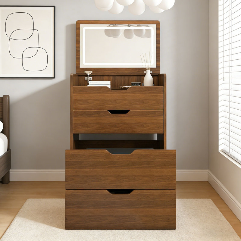 3-in-1 Vanity Desk with Lighted Mirror and Stool, Walnut-23.62"L