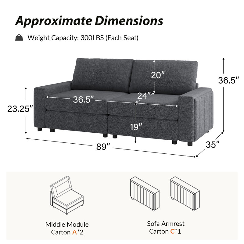 Canapé surdimensionné 89 po avec accoudoirs carrés Grandon, Gris