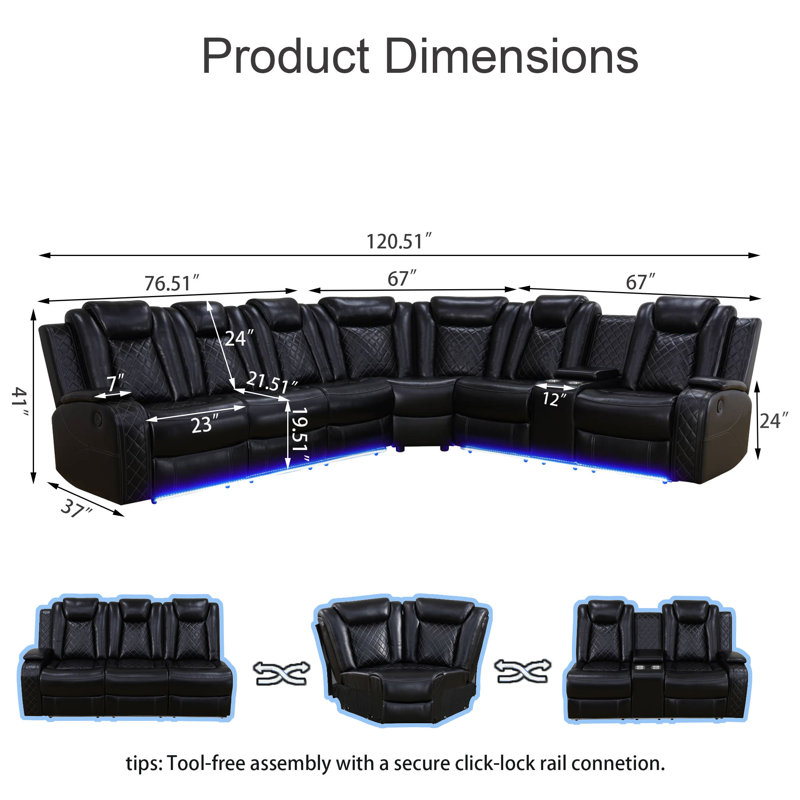 Canapé modulaire inclinable manuel en cuir 3 pièces avec lumière DEL, Similicuir noir