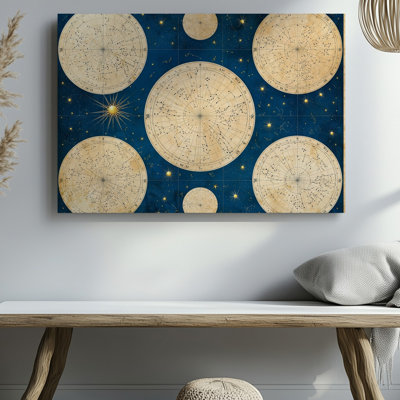 Toile, un riche fond bleu profond sert de toile pour l'art mural Une carte céleste complexe comportant de multiples graphiques circulaires, art mural