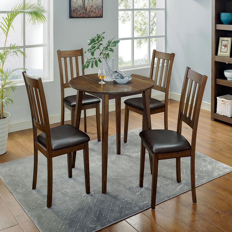 Kitchen 5Pc Dining Set Round Dining Table And 4X Side Chairs Walnut, Dark Brown Transitional Solid Wood