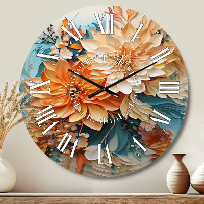 Orange Teal Botanical Whirlwind I - Abstract White Face Wall Clock