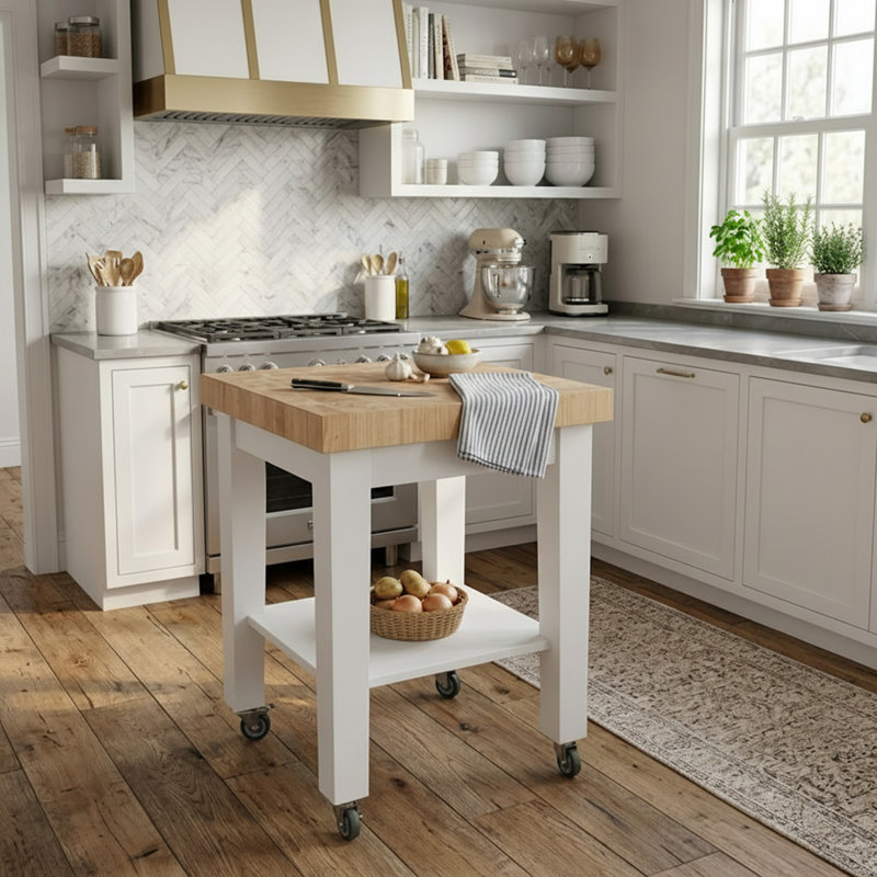 Cuthbert Kitchen Cart with Butcher Block Top, White