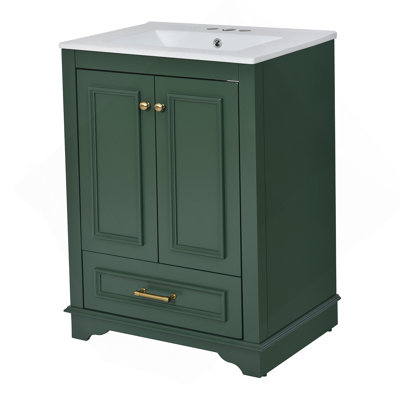 Ensemble de meuble-lavabo 24 po avec lavabo en céramique, armoire de rangement autoportante moderne avec poignées argentées, portes à fermeture douce