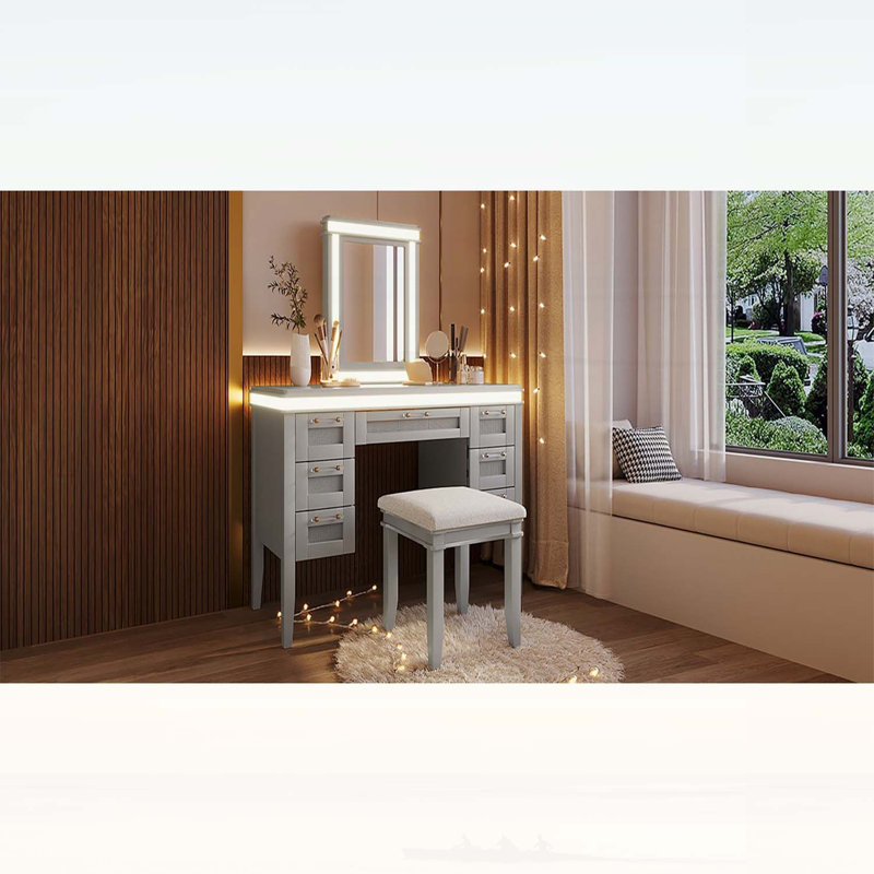 Meuble-lavabo 48 po avec miroir DEL, 7 tiroirs, tabouret rembourré et conception écologique pour un maquillage et un rangement élégants