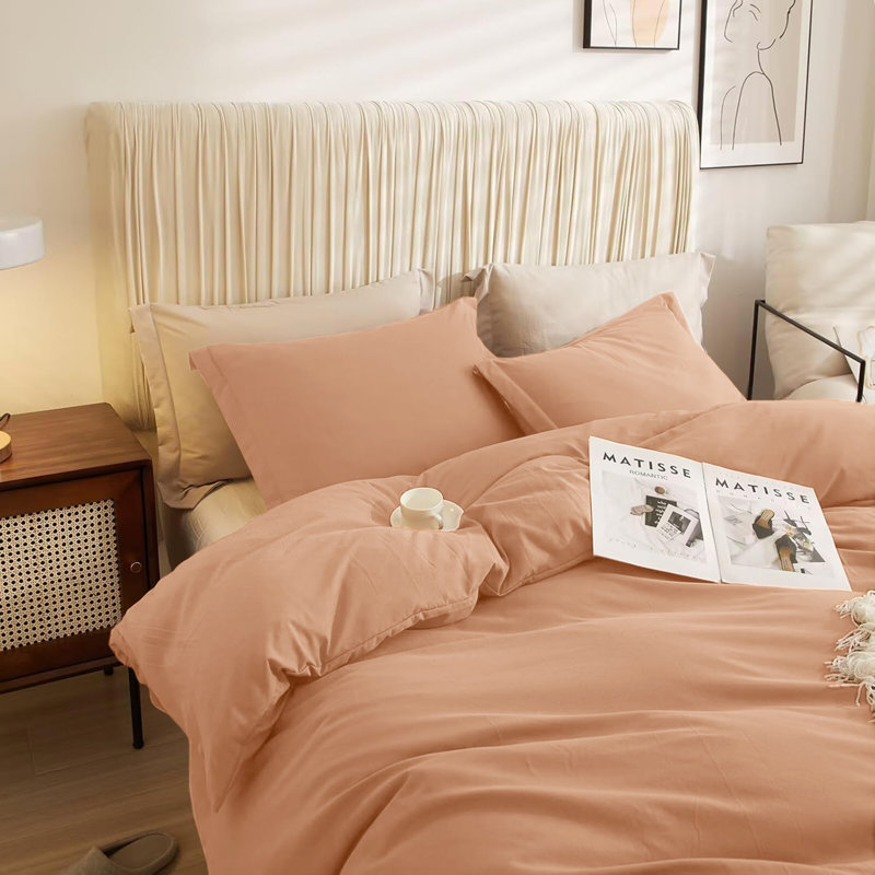 Ultra Soft 3-Piece Dyed Duvet Cover Set With Pillowcases, Single Duvet Cover + 2 Standard Pillowcases, Peach