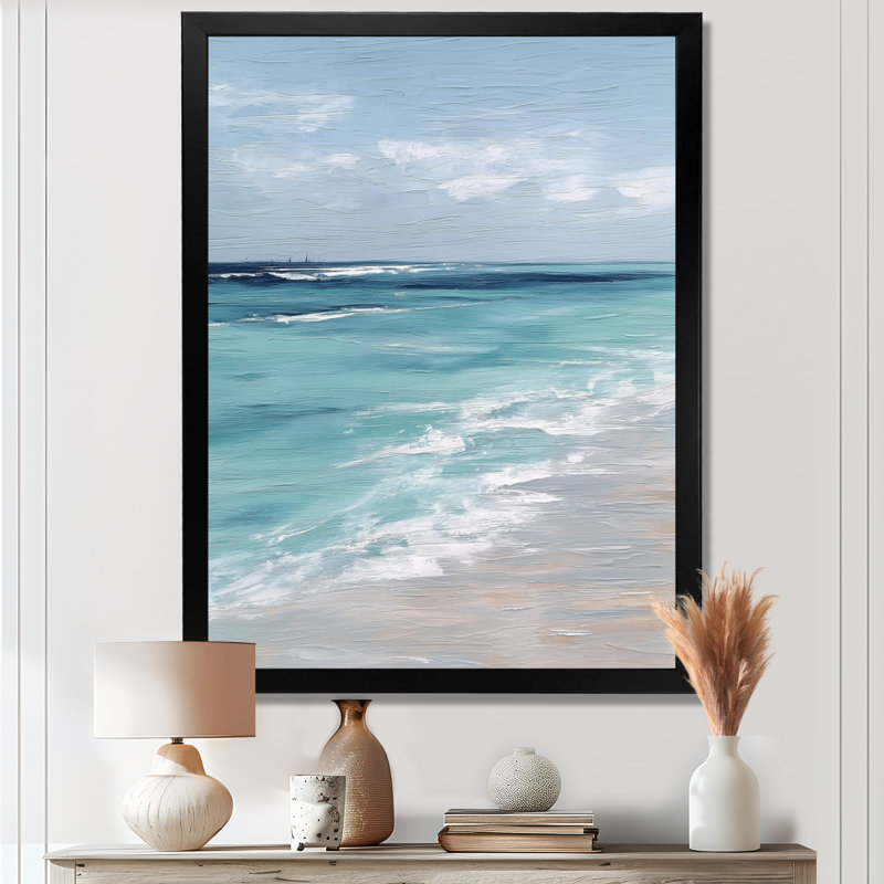 «Blue and White Coastal Beach Wonder», art mural sur toile, encadré blanc, H 32 po x l 24 po, Cadre flottant, Noir