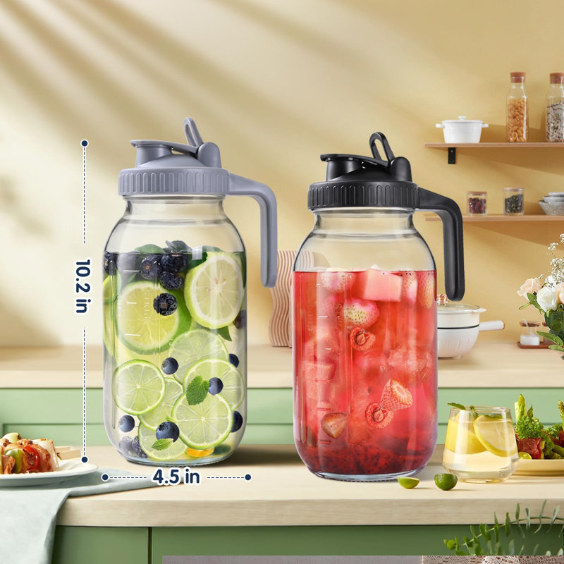 Pichets en verre avec couvercle, ensemble de 2 bocaux Mason hermétiques à l'épreuve des fuites de 64 oz, carafes à large ouverture pour café infusé à froid, thé glacé, lait, conservation des aliments, pot à thé Sun.