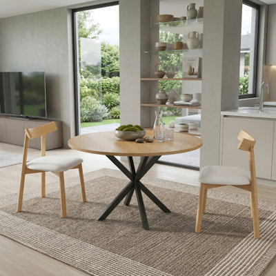 43 to 58 Inch Extendable Round Dining Table Set with Carbon Steel Base and 2 Solid Wood Chairs, Oak Finish Expandable Table for 2-6 People