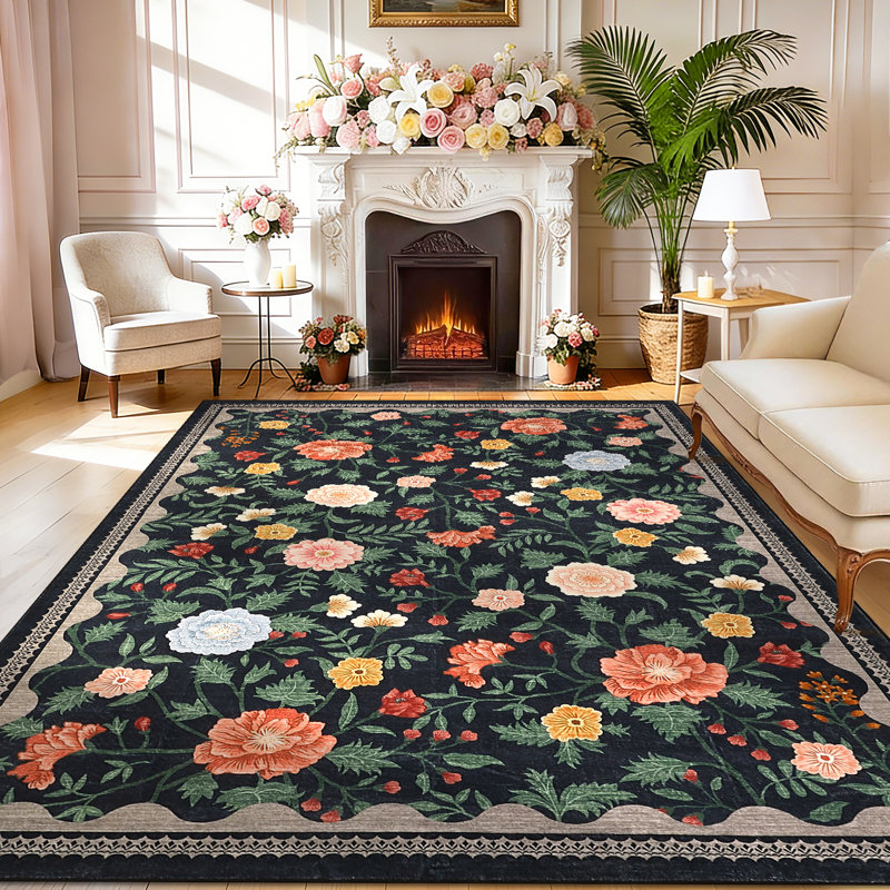 Washable Floral Area Rug Farmhouse Low Pile Non-Slip Soft Non-Shedding Carpet Stain Resistant Vintage Print Girls Room Rug for Living Room, Bedroom, Dining Room, Office, Black