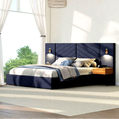 Queen Velvet Platform Bed with 2 Drawer Nightstands and LED Lights, Blue/Natural