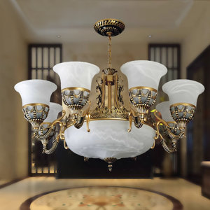 9 - Light Suspension Lamp Antique Alabaster Glass Bell Bronze Chandelier