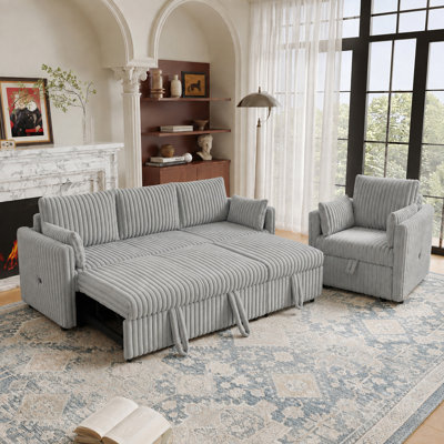 Ensemble canapé-lit convertible modulable, canapé-lit 3 places et fauteuil d'appoint avec ports de chargement USB-A et USB-C, canapé en velours côtelé imitation fourrure avec coussins pour salon