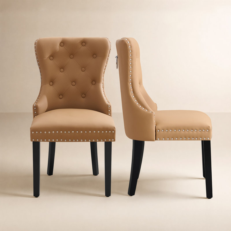 Modern Tufted Leather Dining Chairs With Solid Wood Legs (Set of 2), Light Brown