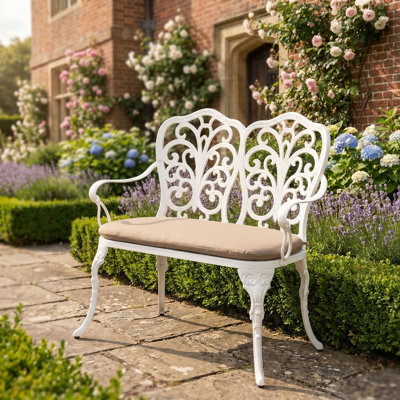 Cast Aluminum Garden Bench with Cushion, Outdoor Metal Park Bench for Patio and Yard, Rust-Resistant Porch Seat